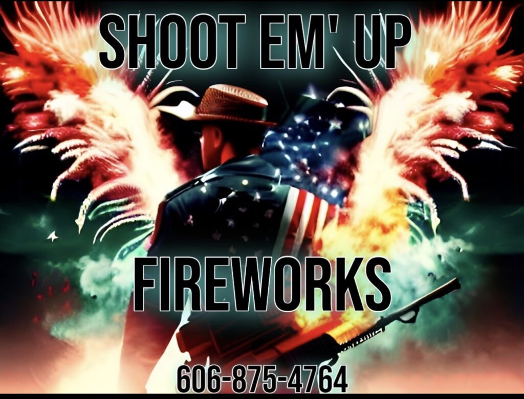 A man in a cowboy hat with fireworks going off, that says Shoot Em Up Fireworks, 606-875-2764