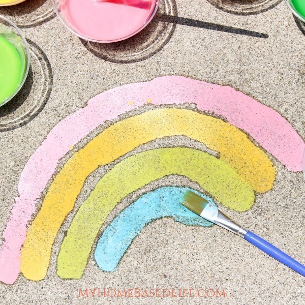 A painting of a rainbow on the sidewalk