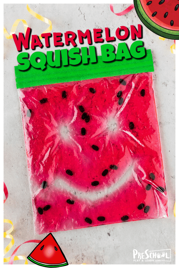 A ziplock bag filled with red goo, and black seeds, meant to look like a watermelon
