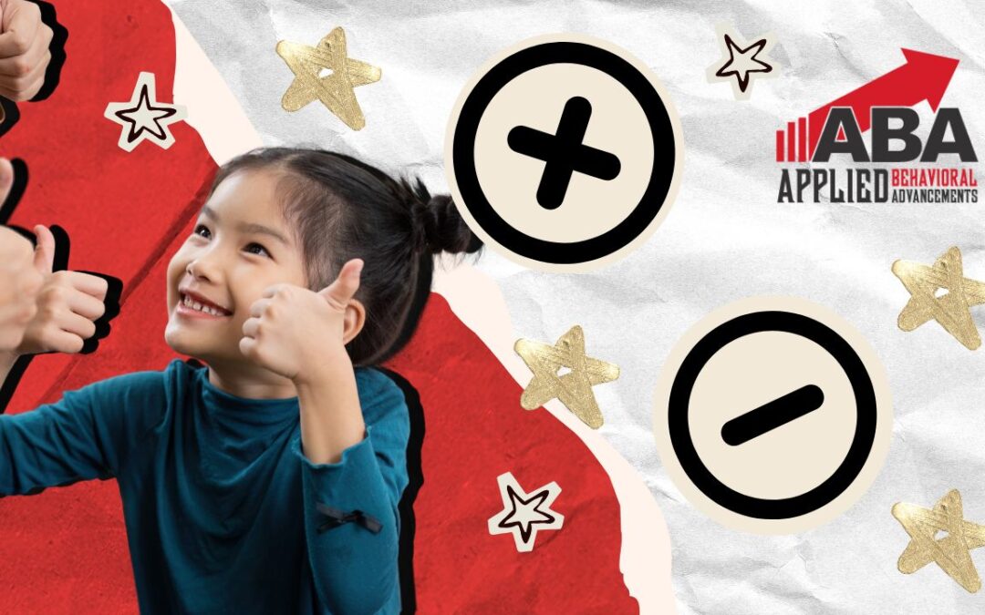 a little girl holds up her hands in the thumbs up position. behind her, the addition symbol represents positive reinforcement while the subtraction symbol represents negative reinforcement.
