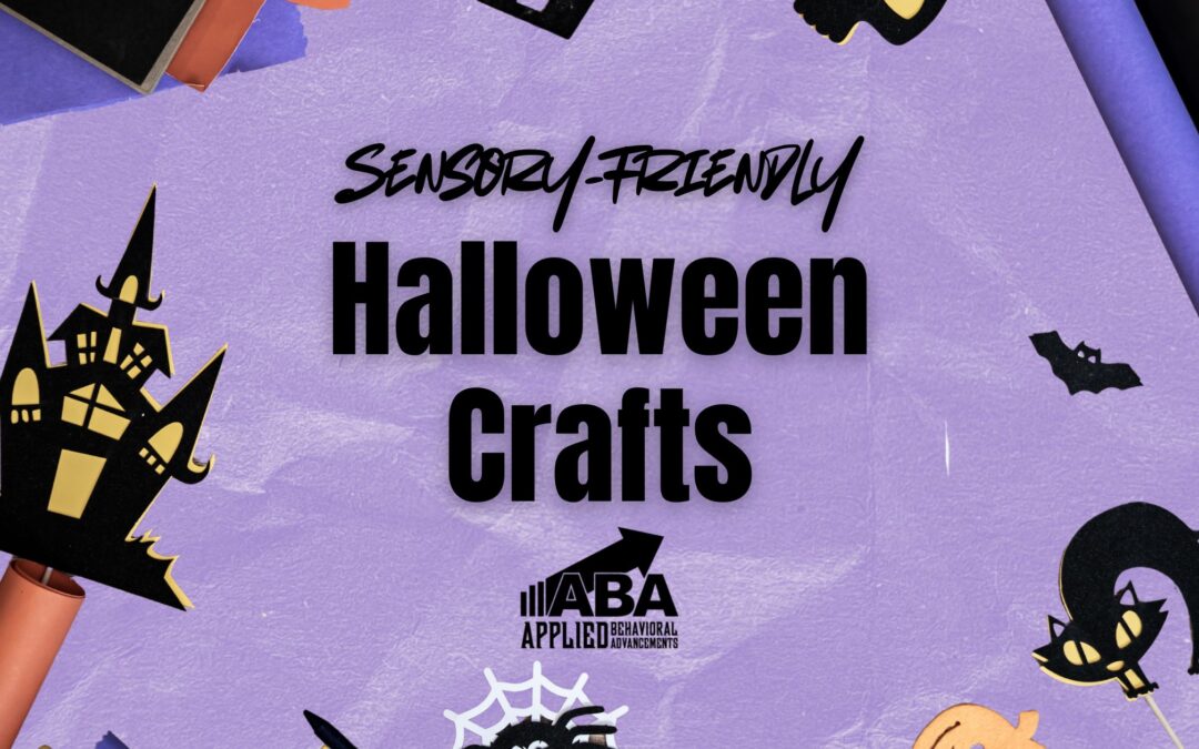 Halloween craft materials on a purple background. A paper haunted house, black cat, and bats! The image reads: Sensory Friendly Halloween Crafts