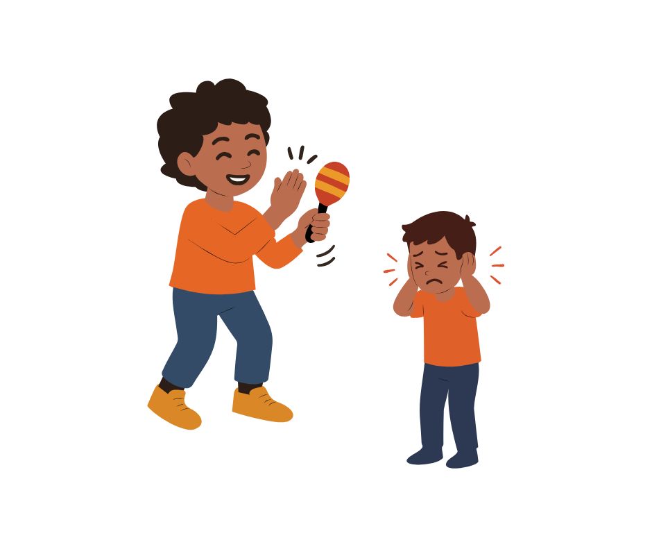 a child covers their ears due to loud sounds another child is making, they are obviously agitated