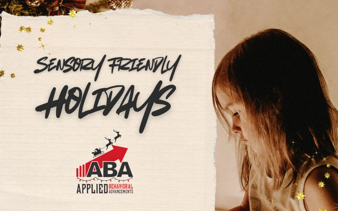 A little girl is surrounded by warm light and christmas cheer, text reads sensory friendly holidays